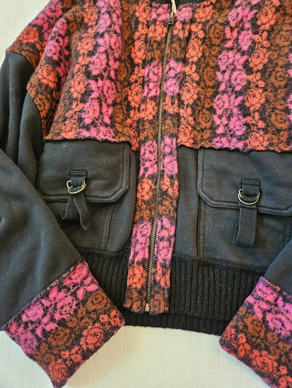 Free People Rockwell Sweater Hoodie Bomber Jacket Pink Black Floral Boho, M - Picture 8 of 15